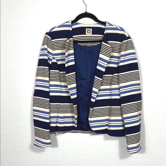 Anne Klein Stripe Tulip Hem Jacket Blue and Cream - Picture 7 of 14